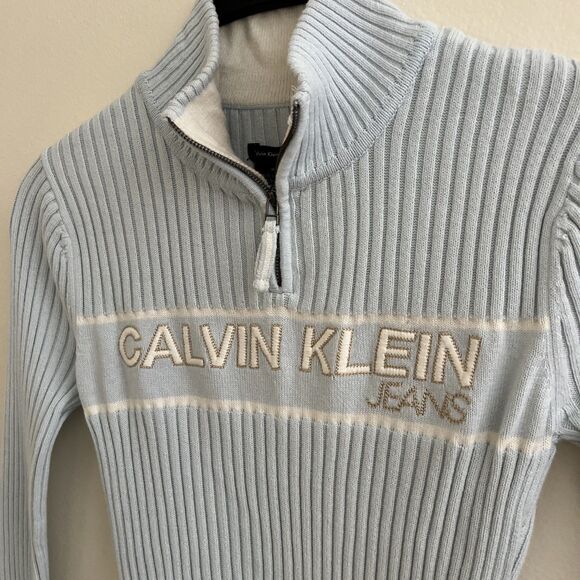 Y2K Calvin Klein 2000s Ribbed Quarter Zip Knit Logo Knit Sweater, Baby Blue- M - Picture 4 of 10